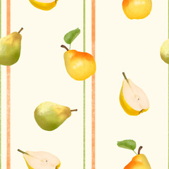 Pears and stripes. Seamless pattern of drawn pears and colored stripes.