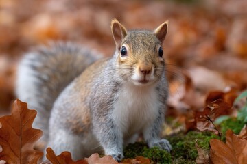 Obraz premium Squirrel amidst autumn leaves gray fur bushy tail and mossy ground