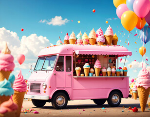 Charming pink ice cream truck with an open serving window displaying various frozen treats, adorned with colorful balloons and falling confetti against a vibrant gradient blue background