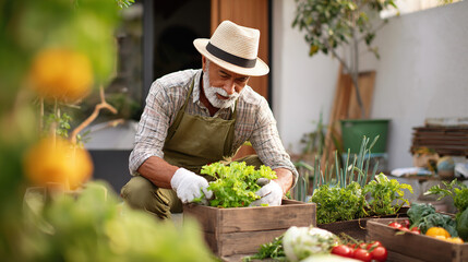 Senior man gardening with a serene expression in a greenhouse