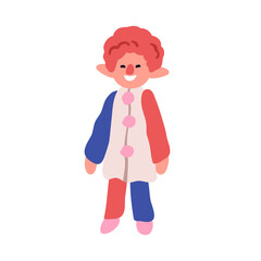 Happy clown toy with red nose, circus costume, cheerful smile. Plush stuffed puppet, dummy. Comic harlequin character in funny outfit, laughing. Flat vector illustration isolated on white background