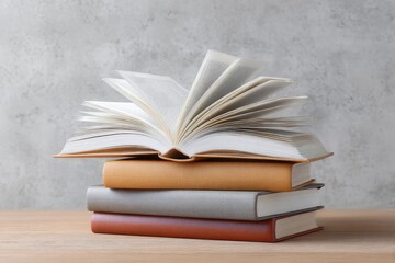 Obraz premium Stack of books with an open book on top showing pages against a neutral background