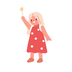 Happy girl playing with magic wand, holding witchcraft stick in hand. Cute little kid fairy, child magician, funny toddler character in dress. Flat vector illustration isolated on white background