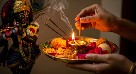 Janmashtami Puja: Hands Offering Incense & Diya to Lord Krishna