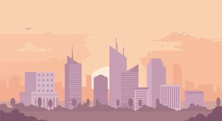 Obraz premium Cityscape vector at dusk, birds fly past the modern downtown with sunset background