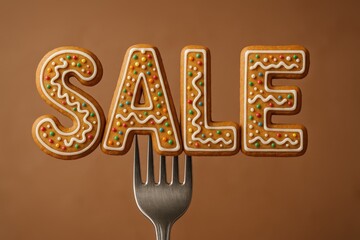 Gingerbread sale display featuring decorated cookies on a fork for festive promotion