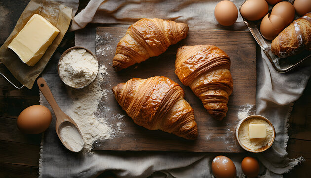 Bakery. freshly baked croissants, sourdough bread, French pastries on a linen napkin and wooden board, flour, butter and eggs scattered side by side, a backdrop ideal for creating a corporate identity