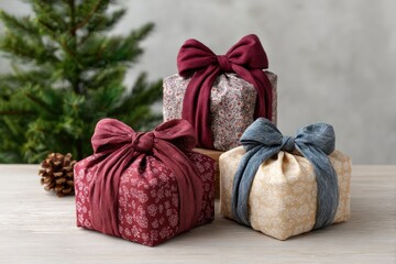 Three gifts wrapped in decorative fabric with bows sit on a table near a pine tree  pine cone