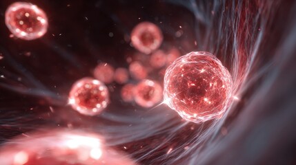 3D rendered leukocyte migration depicting directional movement of immune cells attracted to a glowing signal in vascular tissue.