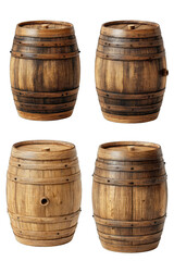 Obraz premium Four views of a wooden barrel, showing its cylindrical shape and aged wood grain. Darker bands highlight the staves. A circular wooden lid is visible on each