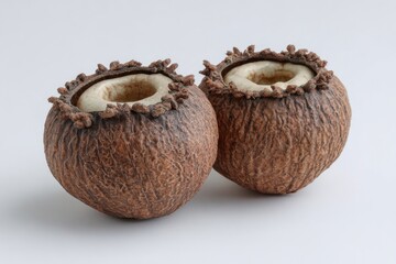 Two brown crackedshell orbs sit side by side revealing a creamcolored interior rimmed with textured nubs