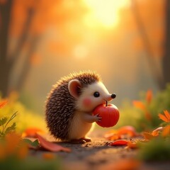  hedgehog and apple in the forest