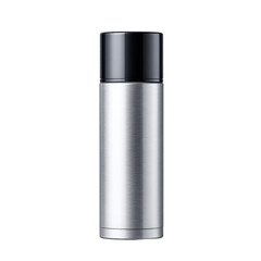 Silver Metallic Thermos Bottle with Black Cap on Transparent Background