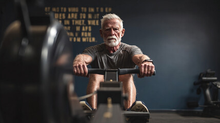 Elderly Man Exercising on Rowing Machine in Modern Gym