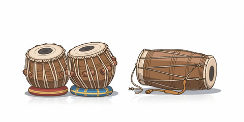 Vector illustration of tabla and dholak, traditional Indian percussion instruments, with clean line art and subtle gradients
