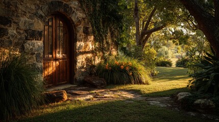 Fototapeta premium Charming stone cottage facade with wooden door and sunlit garden path at sunrise.