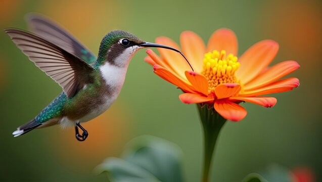 A hummingbird in flight, hovering near an orange flower. - Powered by Adobe