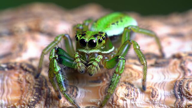 Emerald Hunter: Close-Up of a Green Jumping Spider