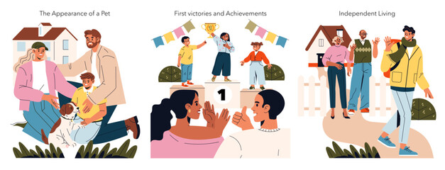 Family Welcoming a Pet and Child Achieving Victory