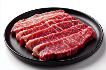 Fototapeta premium Raw beef steak isolated on white background, Selective focus korean Hanwoo beef for korean barbecue.