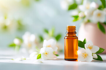 Natural amber oil bottle with delicate jasmine blossoms for aromatherapy