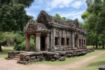Fototapeta premium Weathered stone temple building with pillars pediment amidst trees under a partly cloudy sky