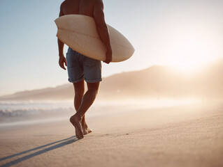 A surfer walks along a sandy beach towards the sunset, surfboard in hand. Evokes freedom, adventure, and the spirit of coastal living. Ideal for travel, lifestyle, and summer themed content.