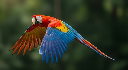 A vibrant macaw soaring gracefully through the air, its colorful plumage a feast for the eyes. The bird is a vibrant and lively parrot. 
