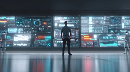 A man observes a futuristic control room with digital screens, flanked by two androids, creating a sci-fi atmosphere.