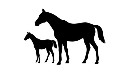 Silhouette of a mare and foal standing side by side in a simple black and white illustration style