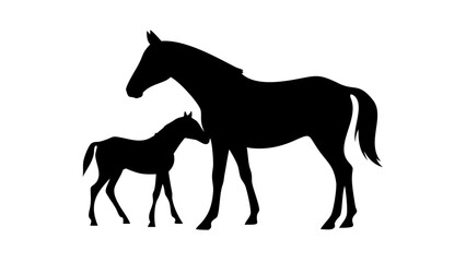Silhouette of a mare and foal standing together in a white background showing their elegant outlines well