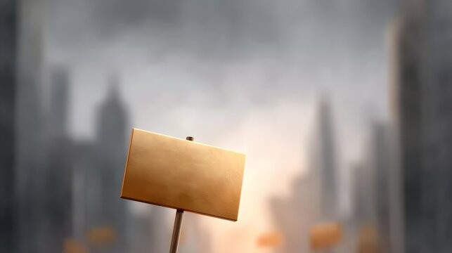 Recession street protest concept, An empty protest sign stands against a blurred city skyline, symbolizing unvoiced concerns.