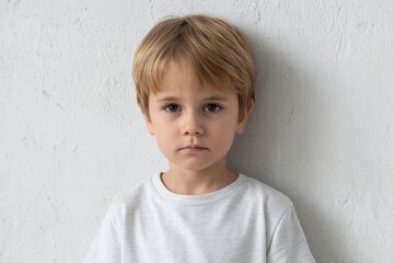 Naklejka premium Young boy with light brown hair brown eyes wearing a white shirt stands against a textured white wall His expression is neutral