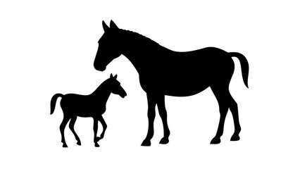 Silhouette of a mare standing next to a foal with a white background in a simple vector image art