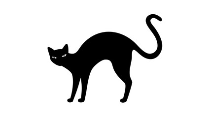 Illustration of a black cat with arched back and curled tail standing on a white background