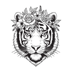 Tiger Head with Floral Crown Illustration