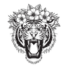 Roaring Tiger Head with Floral Crown Illustration
