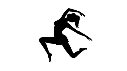 Silhouette of a woman in a dynamic pose with arms raised and one leg extended in a leaping motion