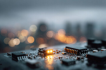 Closeup of circuit board with glowing chip, cityscape bokeh background. Symbolizes technology, data, connection, innovation, and future possibilities.