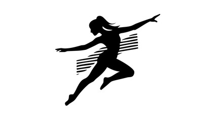 Silhouette of a woman leaping with arms outstretched against a striped background design element