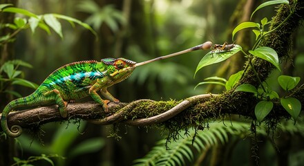 A chameleon is skillfully catching prey with its long tongue, showcasing the beauty of nature and its fascinating creatures. This is a great capture from nature