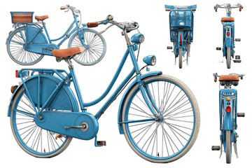 Multi-view of a light-blue vintage-style bicycle.  Various angles showing the frame, wheels, handlebars, and saddle.  Beige accessories