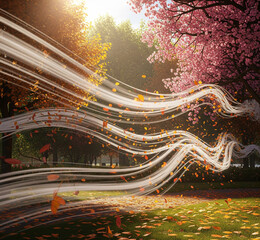 Vibrant autumn leaves dance in swirling ethereal wind streams through a sunlit park, capturing the dynamic beauty of nature's transition and serene outdoor atmosphere.