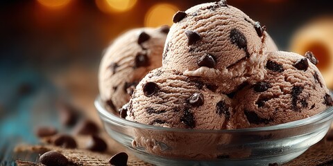 Delicious chocolate chip ice cream served in a bowl with chocolate chips scattered around during a cozy evening