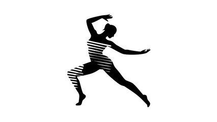 Silhouette of a woman in a dynamic pose with horizontal stripes across her body and limbs design element