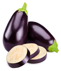 fresh eggplant with slices isolated on white background. clipping path