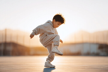 A young child practices a dance move at sunset, full of energy and youthful exuberance. A warm, inspiring image perfect for themes of childhood, activity, and growth.