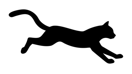 Silhouette of a black cat leaping forward with its tail curved upwards on a white background image