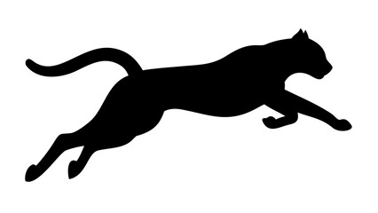 Silhouette of a black panther leaping forward with its tail curved upwards in a dynamic pose on white