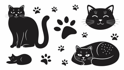 Illustration of various black cats in different poses with paw prints scattered around them all over